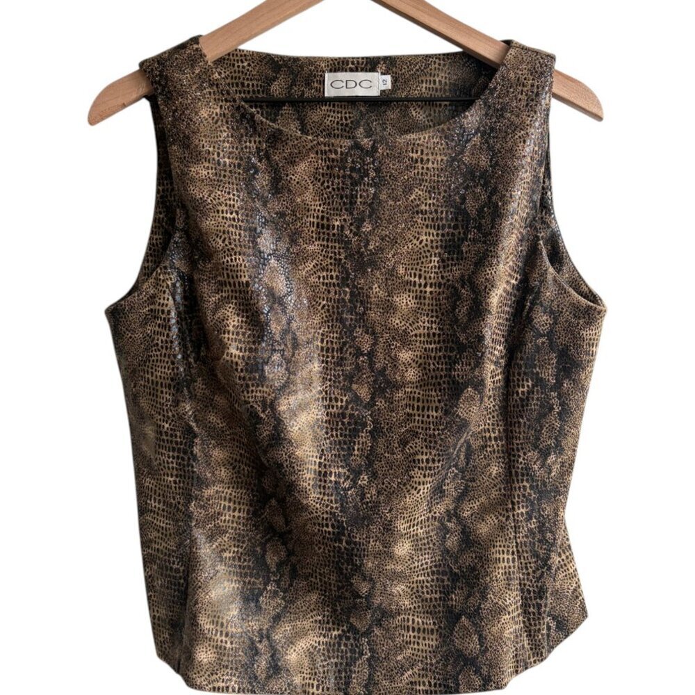Vintage 90s Y2K Snake Animal Print Embellished Tank Leather Look Size 12
